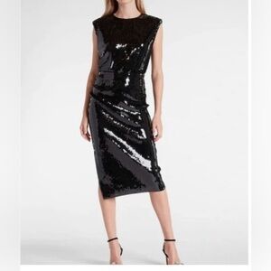 Express Black Sequin Ruched Midi Dress